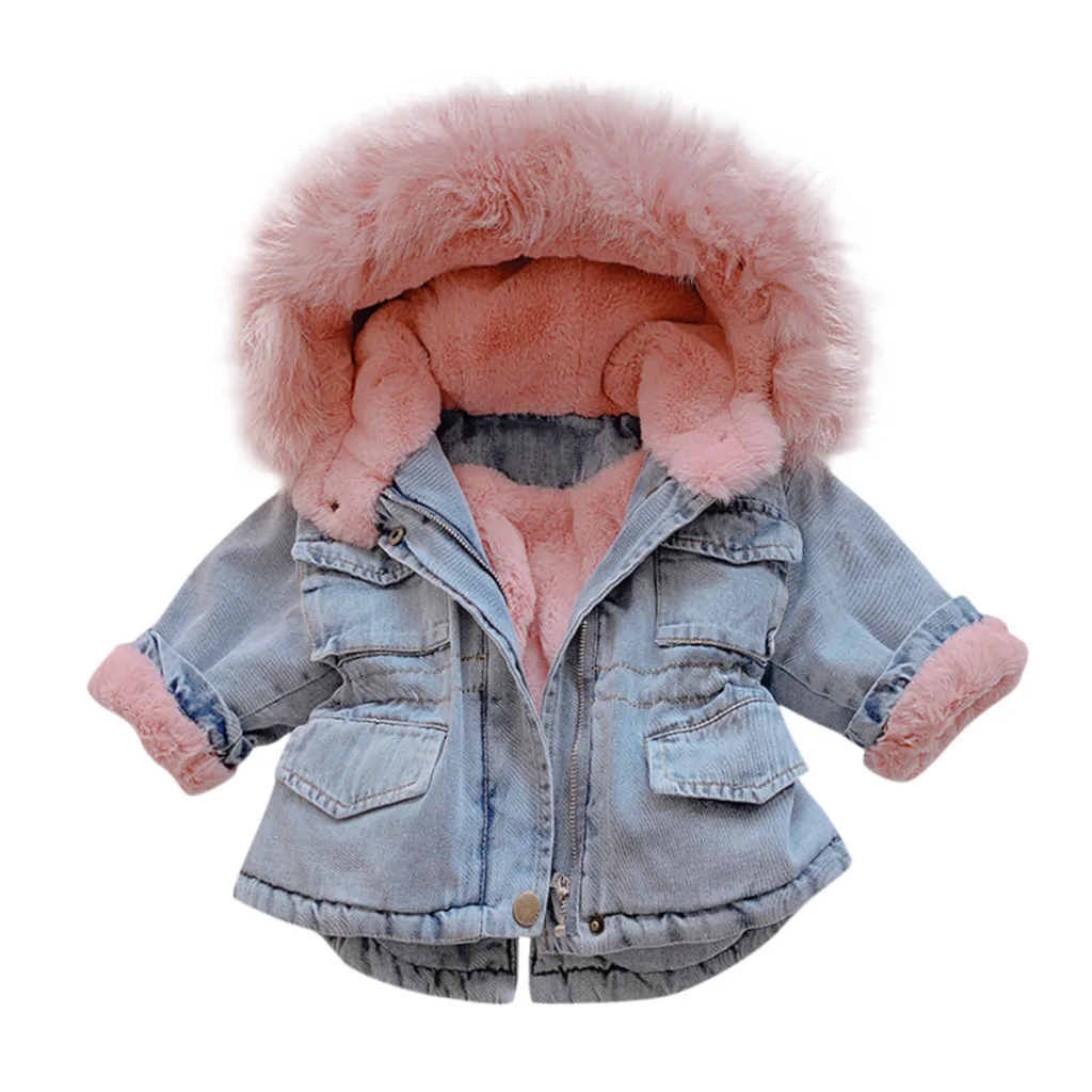 С добавлением шерсти; детская куртка с карманами; теплое плотное джинсовое пальто с капюшоном из искусственного меха для маленьких девочек; Верхняя одежда; casaco infantil - Цвет: Розовый