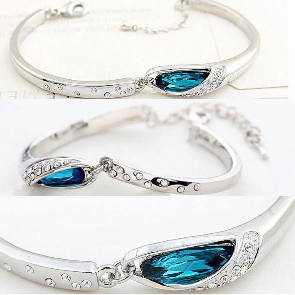 

1 pc fashion Heart Bangle Bracelet Gift New Fashion Women Ocean Blue Crystal Rhinestone Cuff Chain Charm Bracelet jewelry