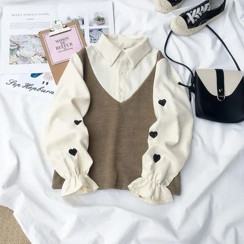 Light Grey Neploe Япония Harajuku стиль поддельные из двух частей блузка любовь вышивка с длинным рукавом рубашка лоскутное вельветовые Blusas весна осень - Цвет: Light Grey