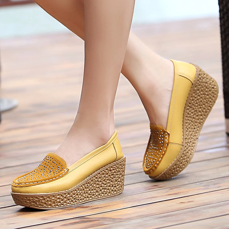 Platform-Shoes Flats Crystal Genuine-Leather Women Slip-On Thick-Sole High-Heel Ladies
