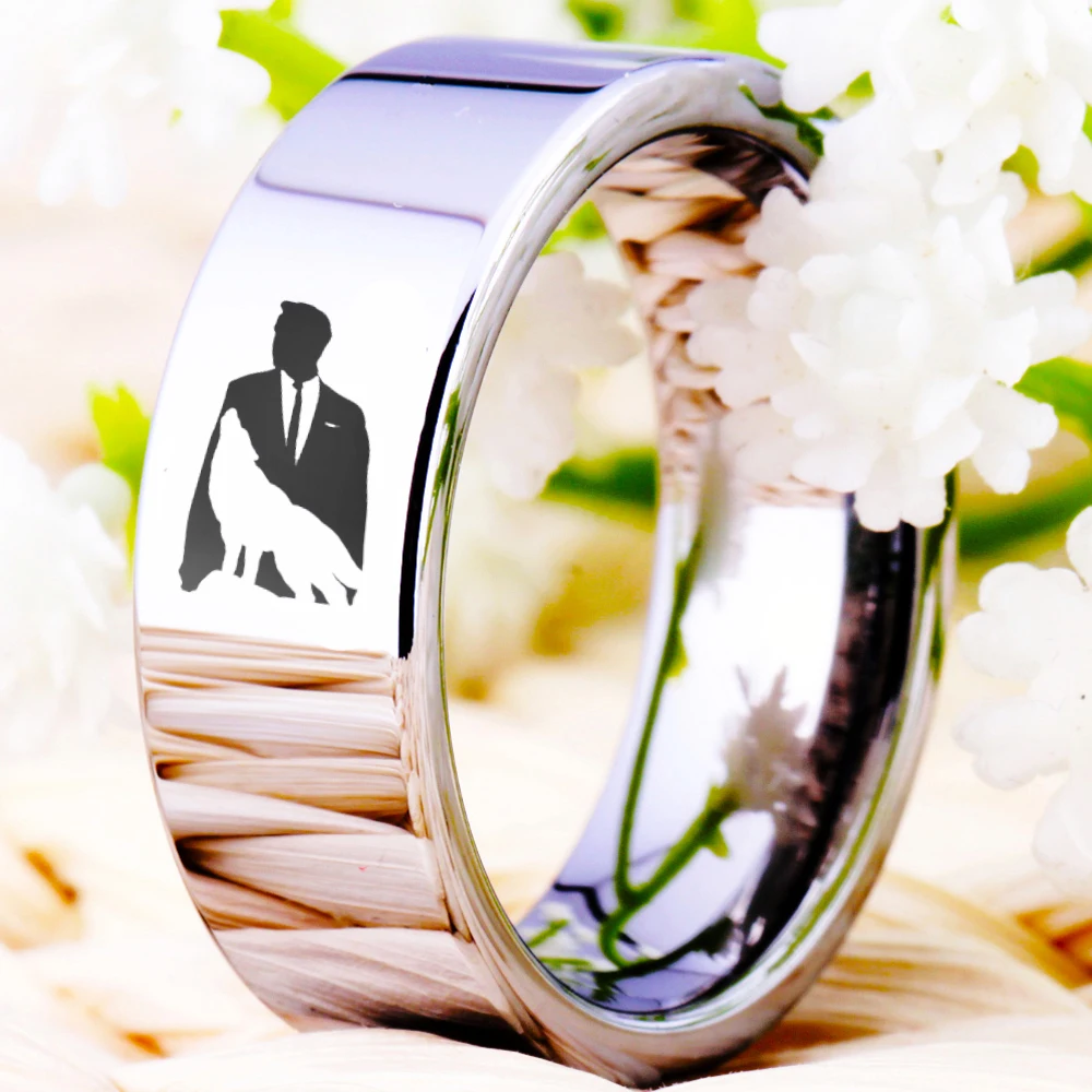 Unique Man with Wolf Design Ring 8mm Silver Tungsten Carbide Wedding Engagement Anniversary Gift |