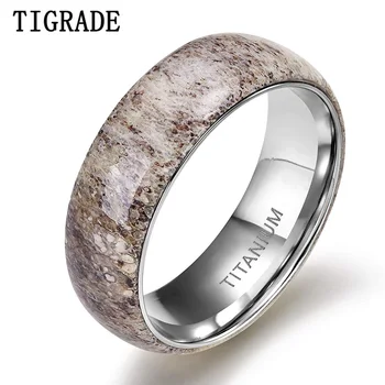 

Tigarde 8mm Titanium Men Ring Natural Deer Antler Rings Domed Edges Comfort Fit Wedding Engagement Band Unique for Party