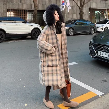 

Hooded Jacket Cotton-Padded Clothes Women Winter 2020 Loose Down Cotton Coat Plaid Oversize Puffer Jacket Parka with Fur Collar