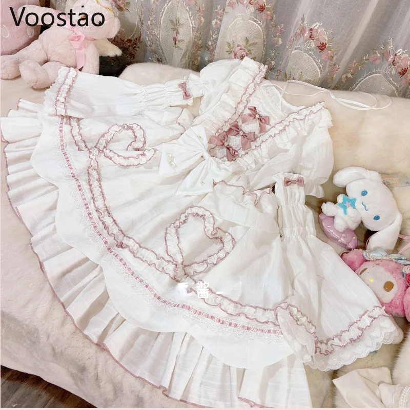 Sweet Chic Lolita Princess OP Dress Vintage Elegant Bow Lace Ruffles Pearls Flowers Wedding Party Dress