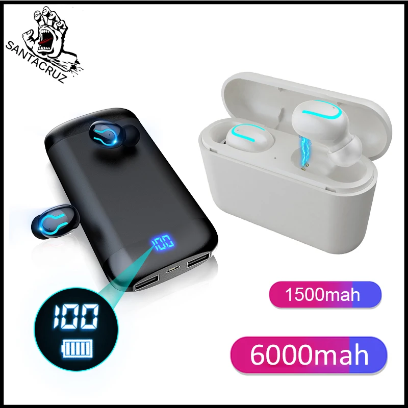 

SANTACRUZ Q66 Bluetooth 5.0 True Wireless Earbuds 1500 6000mah LED Display TWS Headset Earphones for Apple Huawei Smart Phone