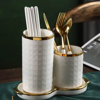 

2pcs Art Luxury Phnom Penh Ceramic White Chopsticks Tube with Tray Simple Home Fork Spoon Storage Rack Chopsticks Cage Can Drain