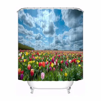 

Custom Flower Tulips Field Fabric Bath Curtain Bathroom Mildewproof Waterproof Polyester Shower Curtain#180417-02-101