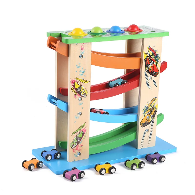 

Wooden Camera Track hua xiang che Children'S Educational Baby Fun Early Education Inertia Knock the Ball Slide Coaster Wooden To