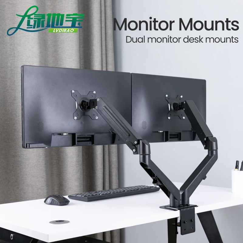 LVDIBAO Dual LCD Monitor Desktop Stand Fully Adjustable Air Spring Arm Mounting Bracket Fit Up To 27'' Loading 2-6kg