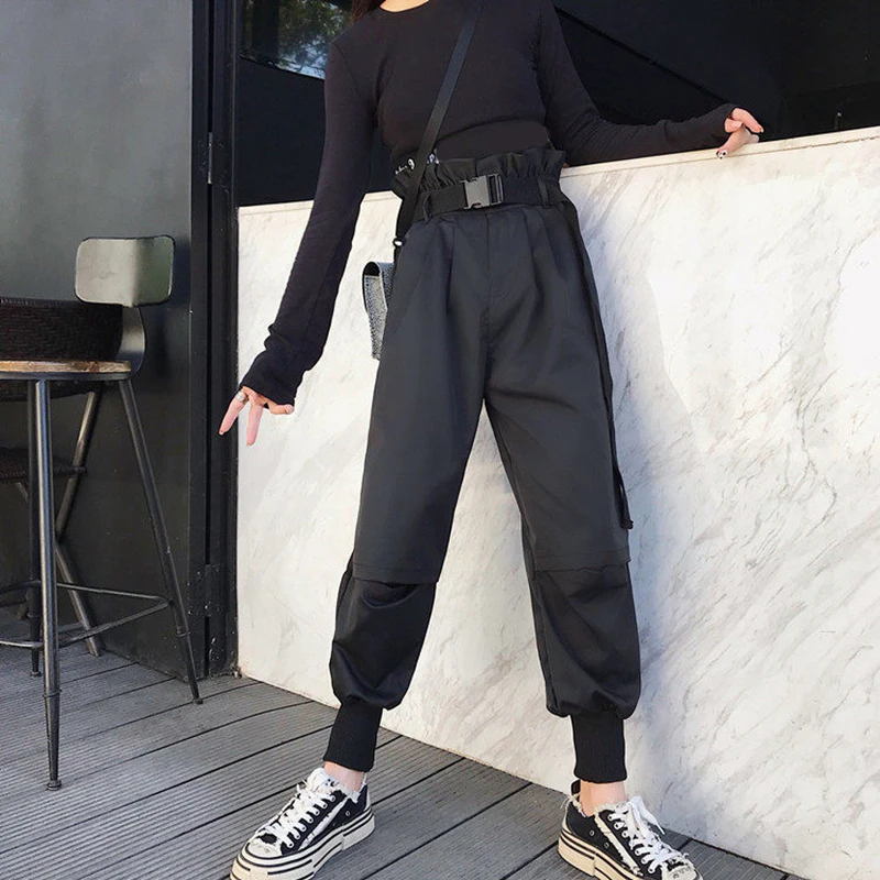 black women pants RealShe женские штаны карго Брюки с высокой талией Весна Осень Женские повседневные уличная эластичная резинка на талии карман пояса отверстие свободные брюки - Цвет: black women pants
