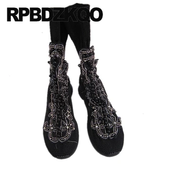 

autumn women ankle boots medium heel flat luxury knit black stretch shoes round toe mid calf fall diamond embellished rhinestone