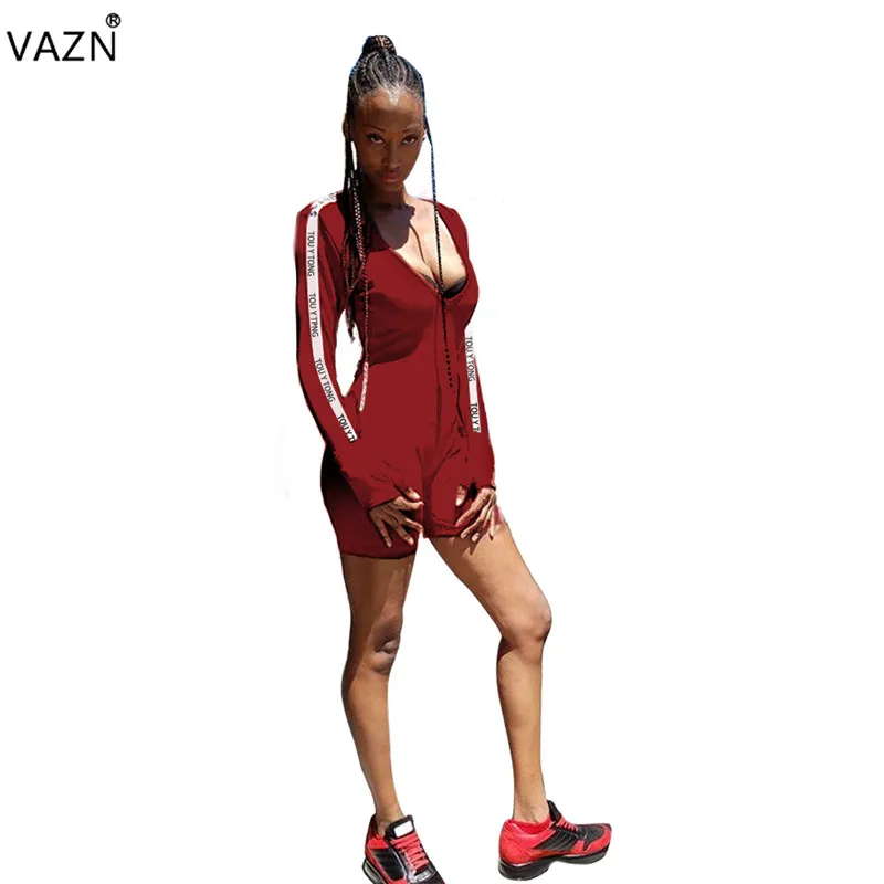 Красный VAZN SN4742 Hot 3colors Sale Summer Casual Full Sleeve Jumpsuits Sexy V-neck Zippers Jumpsuit Club Full Pant Elegant Rompers - Цвет: Красный