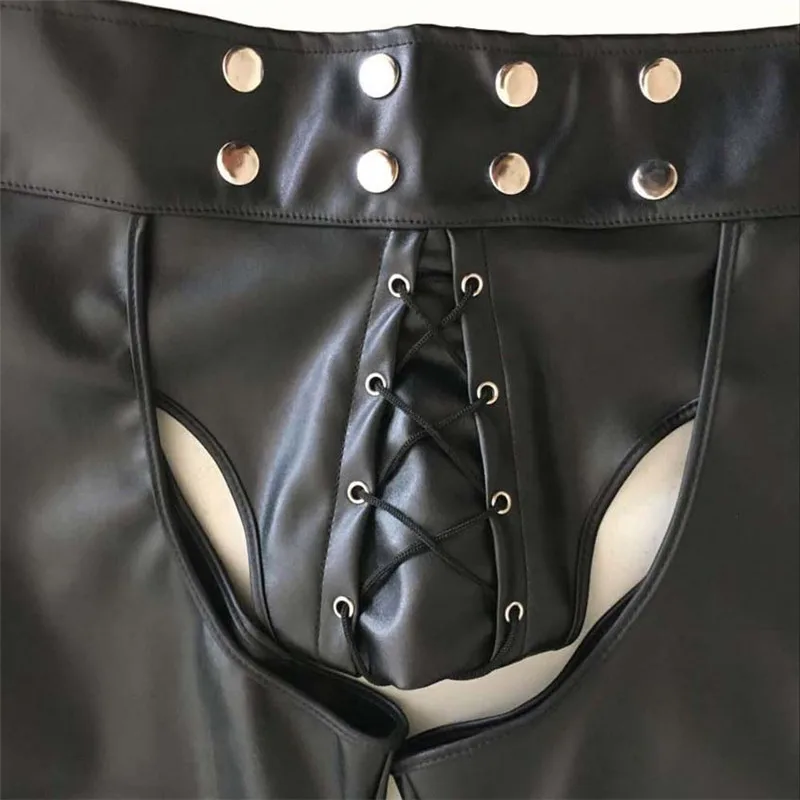 Wetlook Latex Gay Crotchless Sissy Pants Faux Leather Fetish Men Open Crotch Pole Dance Pants Porn Hollow Gay for BDSM Sex
