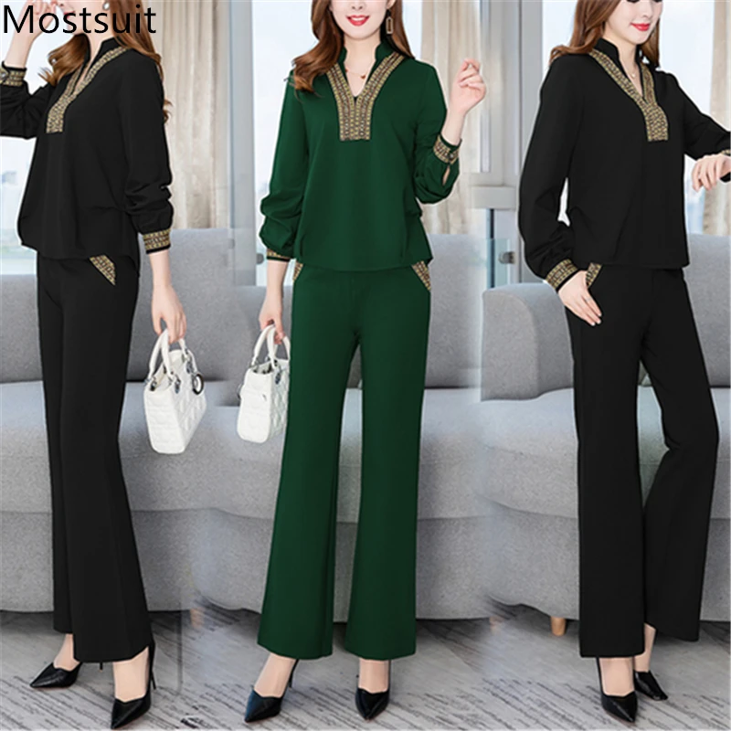 

2019 Autumn Black Green Vintage Two Piece Sets Outfits Women Plus Size V-neck Tops And Pants Suits Office Korean Elegant Sets
