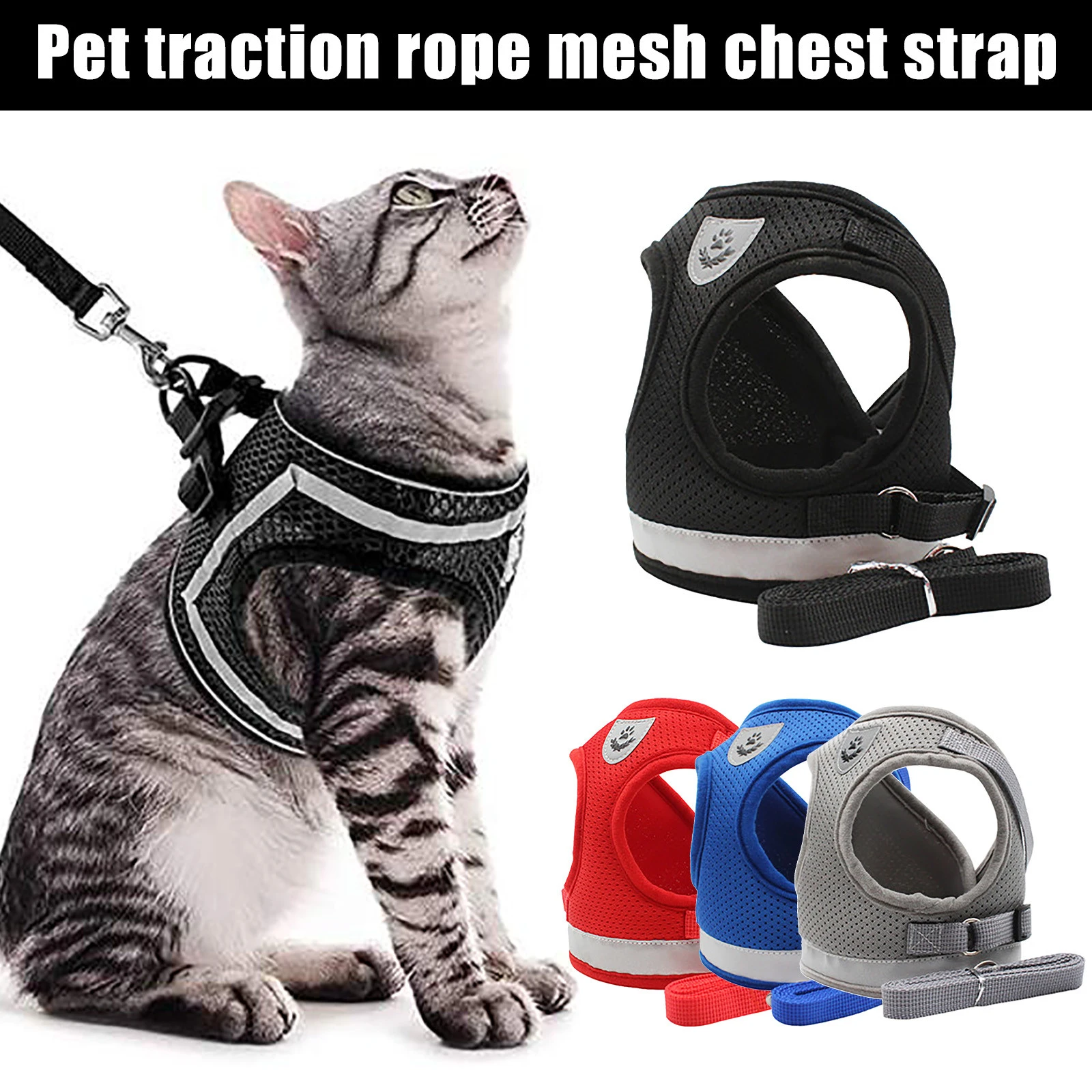 Pet Dog Puppy Multi Color Mesh Breathable Harness Vest Rope Chest Strap Leash