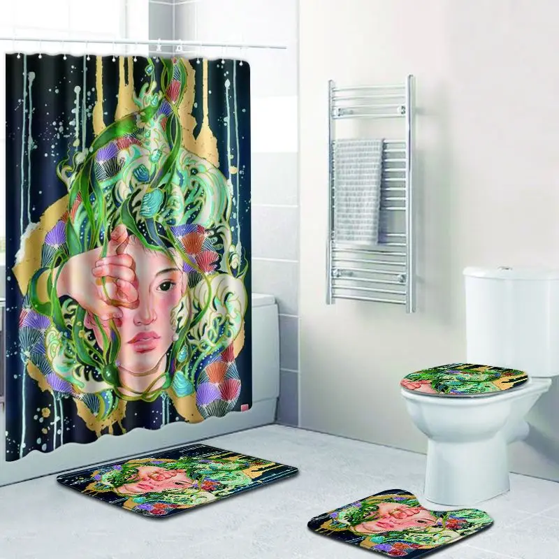 

4pcs/set Colorful Painting 3D Print Shower Curtain Bathroom Waterproof Polyester Toilet Seat Cover Home Bathroom Accessories