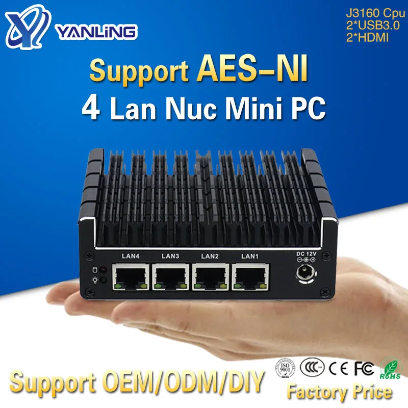 Yanling 4 Intel Gigabit Lan J3160 CPU bolsillo Mini computadora apoyo Pfsense cortafuegos VPN AES-NI Barebone sin ventilador NUC PC 2 * HD