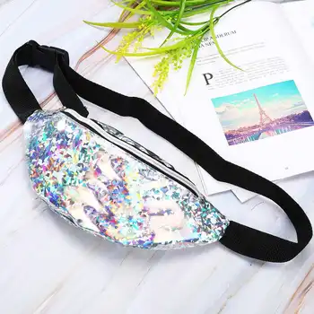 

Sequin Women Waist Bags Pink Silver Fanny Pack Female Shoulder Belt Bag Chest Bag Phone Pouch