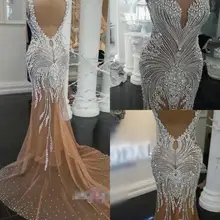 Роскошные свадебные платья со стразами Русалка свадебное платье без рукавов Иллюзия шеи шампанского robe de mariage