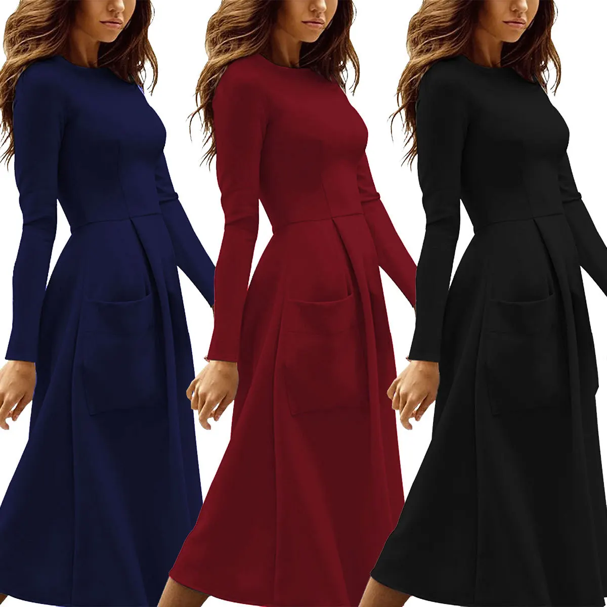 

office lady solid pockets elegant woman dresses spring and autumn long sleeve o-neck mid-calf length female dresses 90s