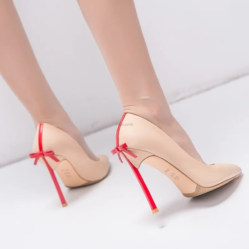 Pointy Toe Blade Heels Lady Dress Shoes Bowtie Back Sexy 12cm High Heels Butterflyknot 6CM 8CM 10CM Pumps