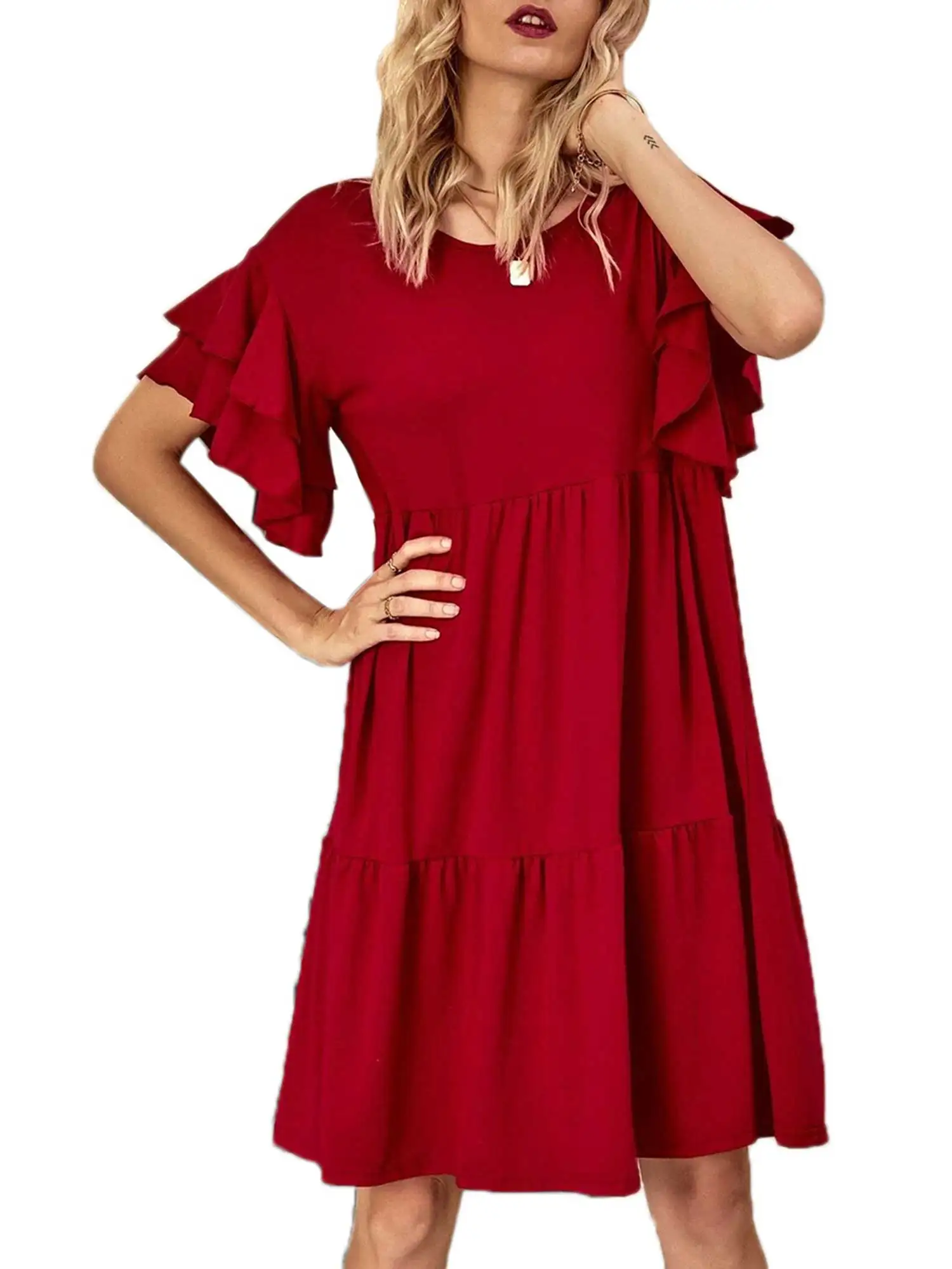 

Women Short Sleeve Solid Loose Dress Summer Ruffles Ladies Fashion Dresses for Party Daily Wear Casual Sundress 2020