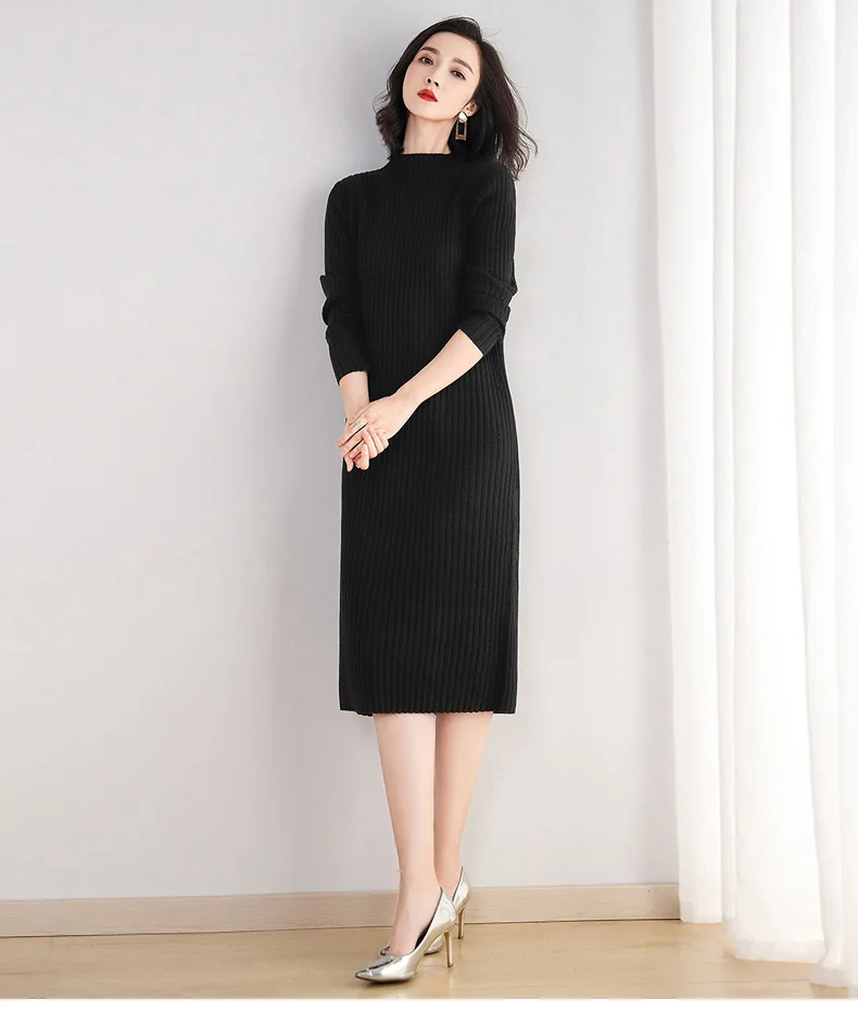 INNASOFAN knitted dress women Autumn Winter long-sleeved dress Euro-American fashion elegant half-high collar dress solid color