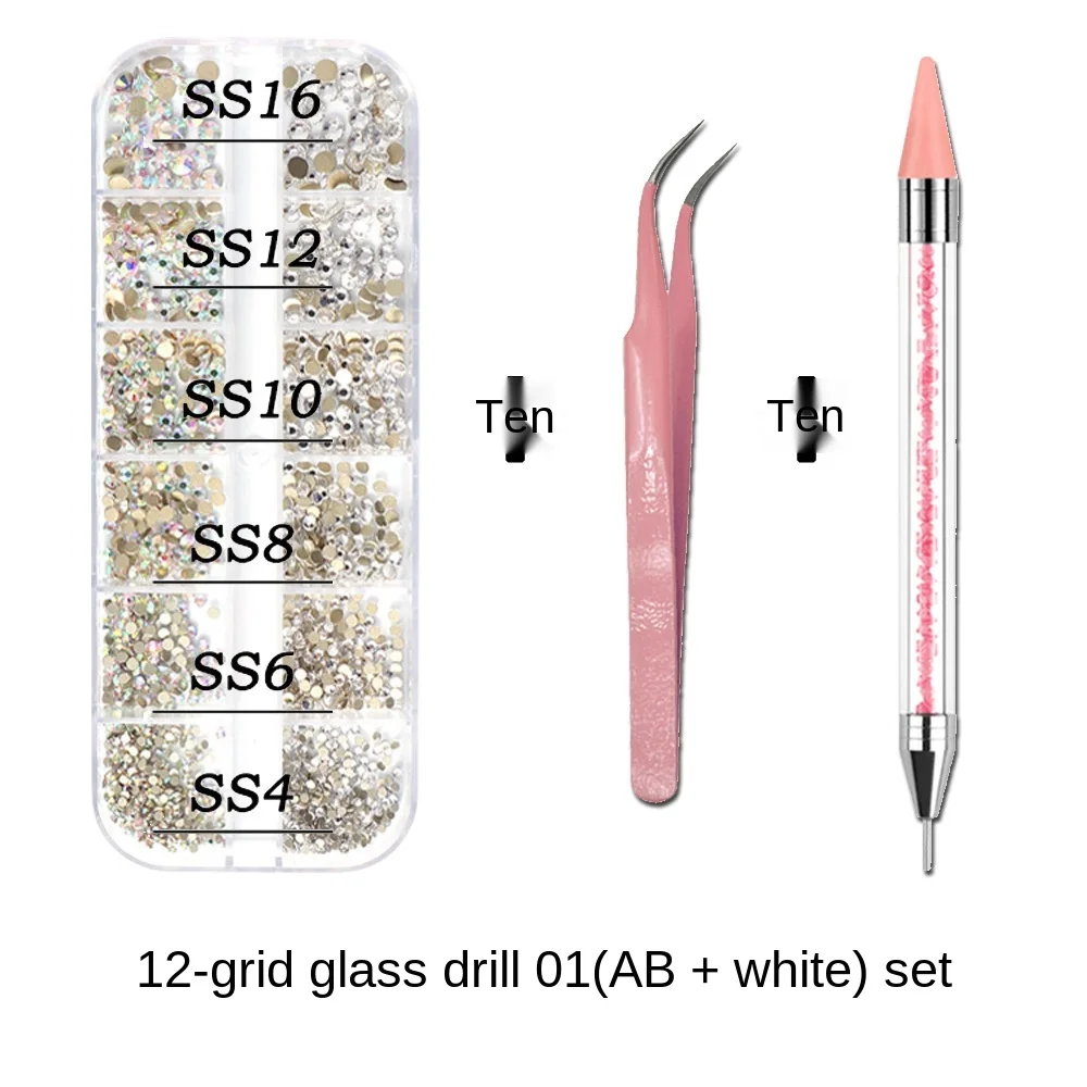 1Box Multi Size Glass Nail Rhinestones Mixed Colors Flat-back AB Crystal With tools 3D Charm Gems  Manicure Nail Art Decorations