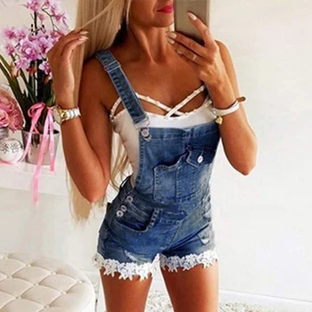 

2020 Summer Sexy Ripped Hole Denim Overalls Women Short Jeans Jumpsuit Female Lace Hem Denim Rompers Playsuit Straps Shorts