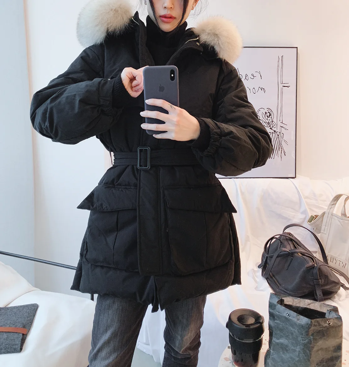 Winter South Korea Dongdaemun New Style WOMEN'S down Jacket Large Raccoon Fur Collar Thick Loose-Fit Waist Hugging Coat Fas