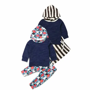 

2019 Toddler Baby Boy Girls Kid Long Sleeve Warm Hooded Stiped Flower Jumpsuit Leggings Pants Cap Autumn Clothes Tops Clothes