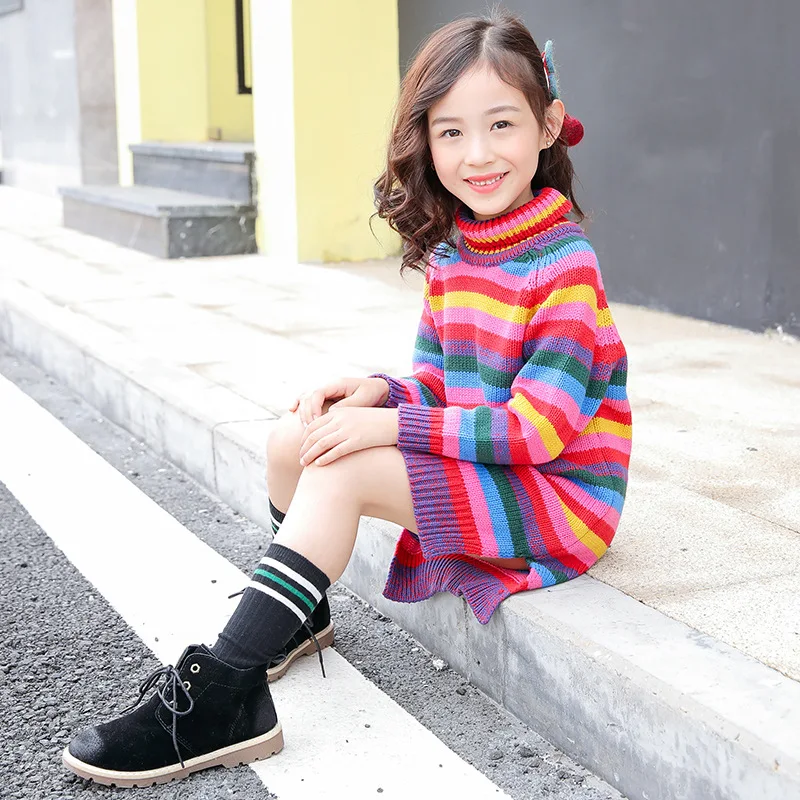 Teenage Kids Sweaters for Girls Clothes Winter Rainbow Striped Long Sleeve Girls Knitwear Girls Pullover Sweater 10 12 14 Year