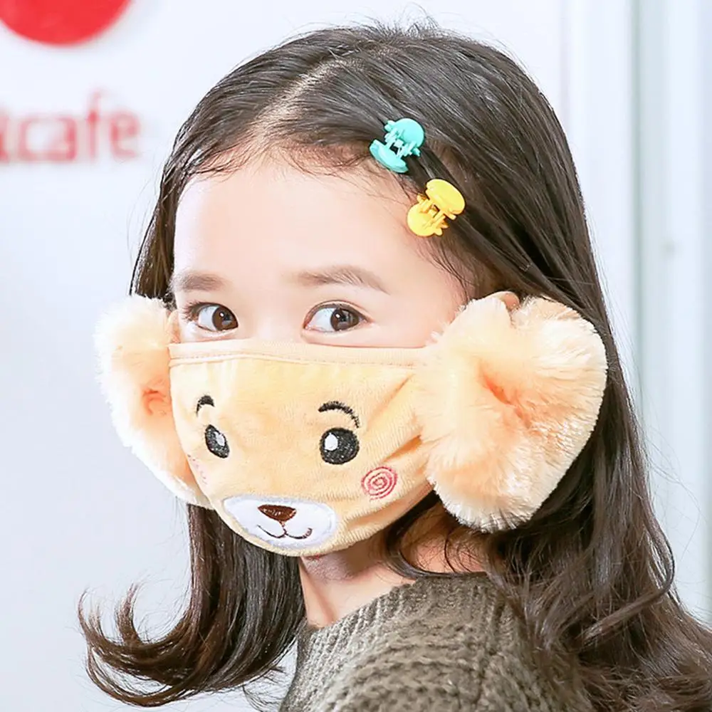 Winter Plush Children Face Masks Cartoon Ear Protectors Cotton Bear Kid Student Warm Earmuffs Warm Mouth Unisex Ear Cover 2