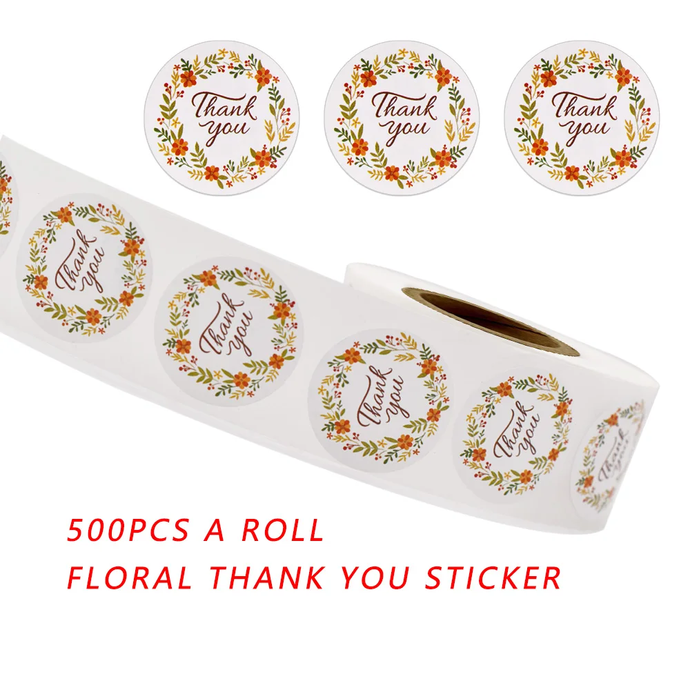 

500 pcs / roll 1 inch thank you stickers circular floral design seal label party wedding decoration stickers stationery sticker
