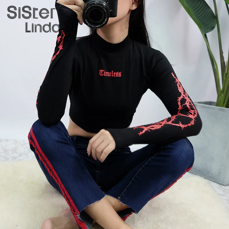 Sisterlinda, хлопок, с буквенным принтом, топ, женская футболка, футболка с длинным рукавом, молния, женская рубашка, эластичность, тройники, женская рубашка, топы