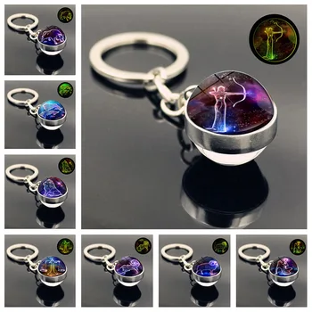 

12 Zodiac Constellation Charm Pendant Keyring Time Stone Glow In The Dark Luminous Keychain Double-sided Glass Ball Key Chain