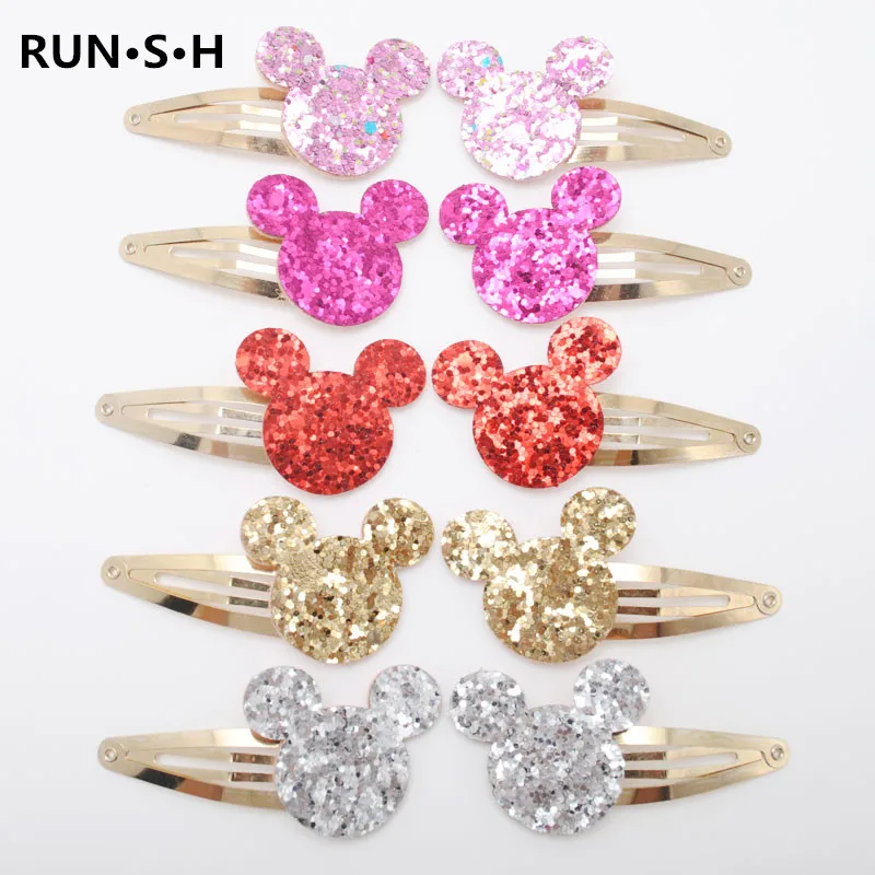 

10pcs Girls Mickey Ears Hair Clips Kids Mickey Hair Accessories Glitter Hairpins Star Heart Crown Gold Plated Hair Barrette