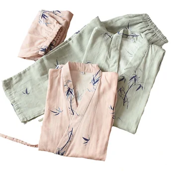 

Men And Women Pajamas Set Sleepwear Soft Gauze 100% Cotton Ladies Full Length Japanese Style Lovers Sleepwear Comfort Homewear