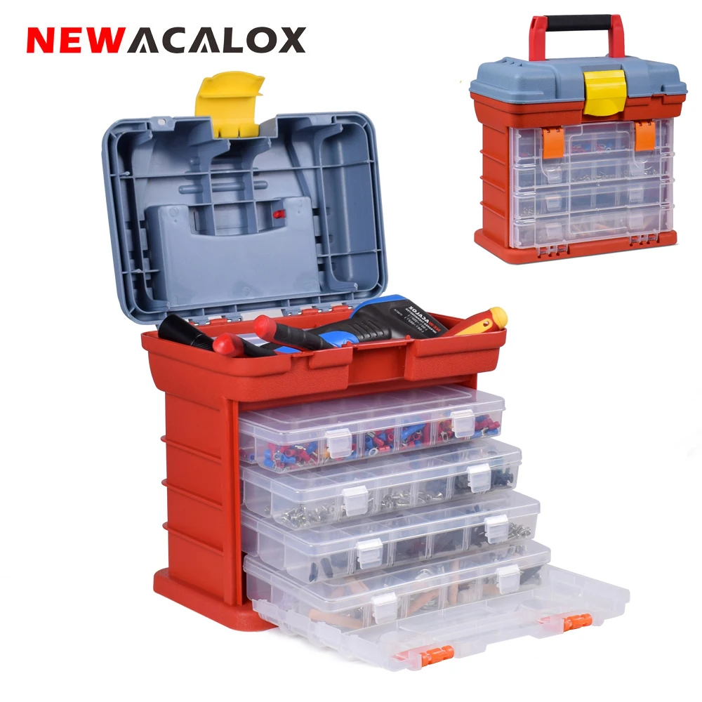 NEWACALOX Outdoor Toolbox 4 Layer Fishing Tackle Portable Tool Case Screw  Hardware Plastic Storage Box with Locking Handle