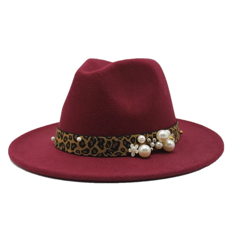 Женская зимняя Осенняя Шляпа Fedora, элегантные сексуальные леопардовые джазовые сексуальные леопардовые винтажные шерстяные шляпы с жемчугом