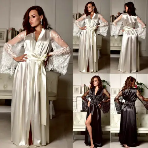 Women Silk Lace Long Robe Dress Pajamas Nightdress Nightgown Sleepwear women sleepwear,silk robe,sleepwear pajamas