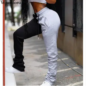 

Wjustforu Embroidery Stacked Sweatpants For Women Patchwork Fashion Sporting Joggers Feamle Skinny Casual Summer Pants Slim