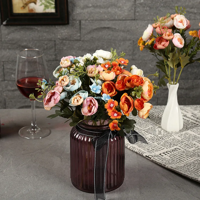 

Idyllic autumn color flower bud plastic silk flower home table wedding supplies vase flower arrangement Artificial rose