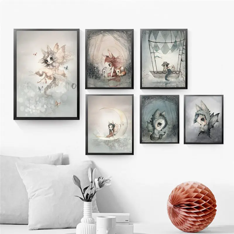 

Scandinavian Rabbit Boy and Girls Cartoon Canvas Painting Angel Decoration art posters Kids Baby Nursery Room Wall Murals