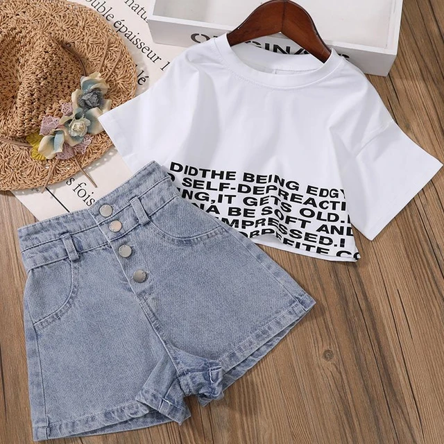 New Kids Girls Clothes Set Summer Girl Crop Tops T-shirt+Denim