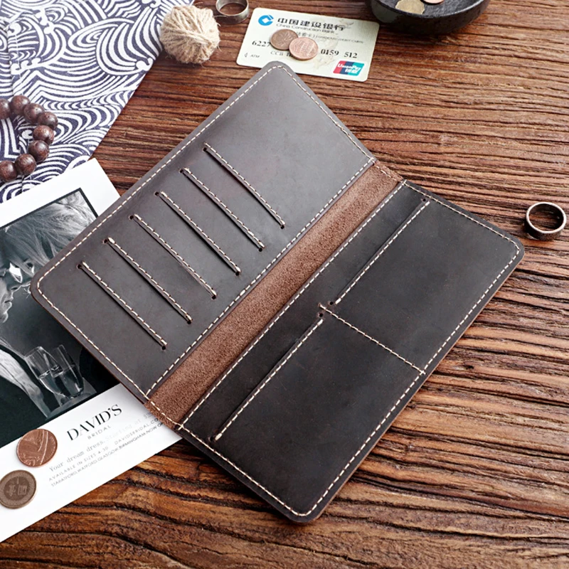 Genuine Leather Wallet For Men Male Vintage Handmade Crazy Horse Leather Cowhide Long Bifold Slim Wallets Purse Card Holder Man