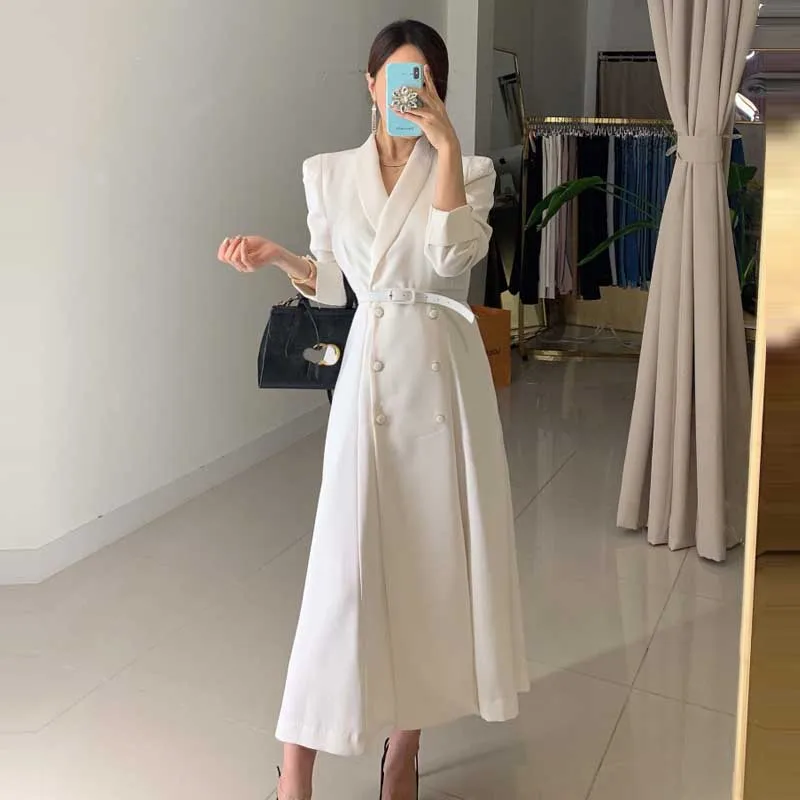 2020 Spring Autumn Women Long sleeve dress Korean One-piece elegant Double breasted Suit dress lady Office party dress vestidos
