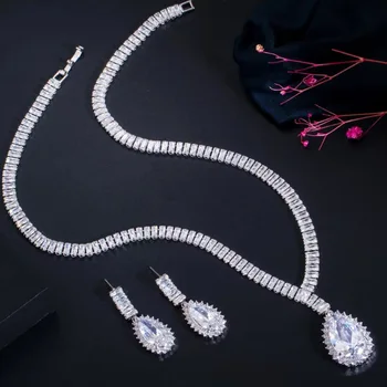

LUALA Very Shiny White Big Water Drop Cubic Zircon Women Wedding Necklace and Earrings Bridal Party Dress Jewelry Sets T437