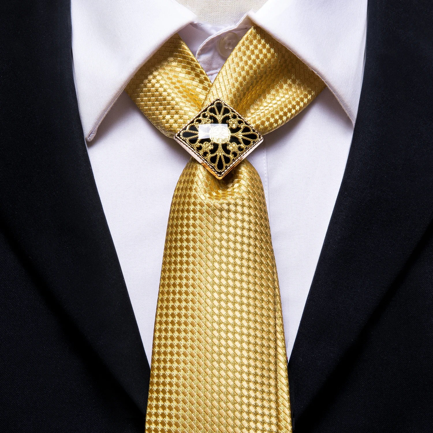 

Hi-Tie Yellow Gold Plaid Men's Tie Set Silk Ties For Men Gold Ring Fashion Design Hanky Cufflinks Set Wedding Quality Necktie