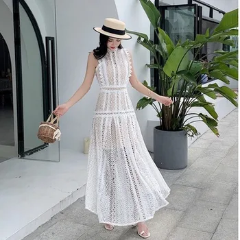 

Women Summer 2020 Holiday Robe Vintage Lace Sleeveless O Neck White Hollow out Dress Elegant Party Sexy Long Dresses Vestidos